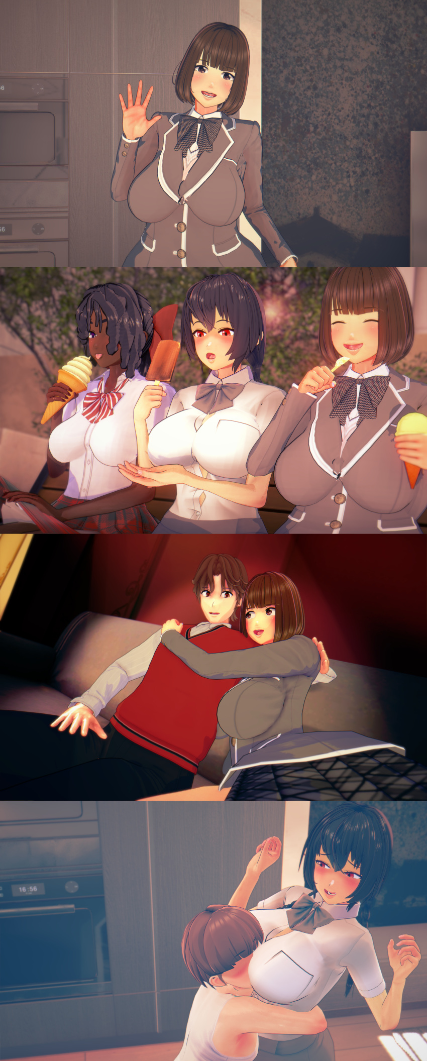 2boys 3d 3girls 4koma aubre_cooper boyfriend-girlfriend dark-skinned_female eating eating_ice_cream happy ice_cream image_set koikatsu light-skinned_female little_brother minami_suo_nami naomi_rose original public sfw smothering wholesome