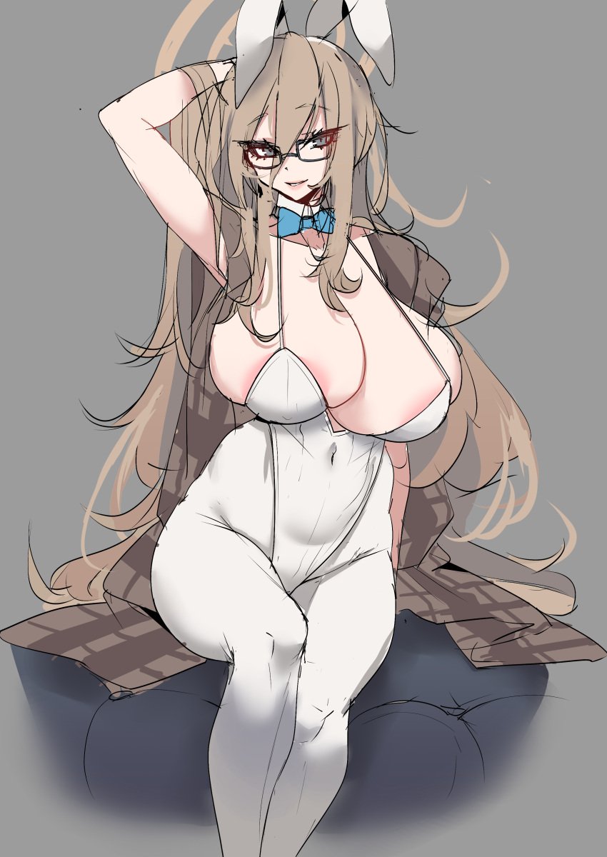 absurdres akane_(blue_archive) akane_(bunny)_(blue_archive) animal_ears areola_slip arm_up blue_archive breasts brown_hair brown_scarf covered_navel detached_collar eyelashes female funaya_(a2brasd) glasses grey_background grey_eyes hair_between_eyes halo hand_in_own_hair highleg highleg_leotard highres huge_breasts leotard long_hair millennium_science_school_student official_alternate_costume pantyhose parted_lips playboy_bunny rabbit_ears scarf simple_background sitting sketch solo very_long_hair white_pantyhose