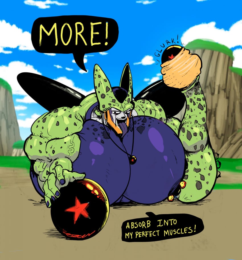 1boy absorption big_chest big_pecs cell_(dragon_ball) dragon_ball dragon_ball_(object) dragon_ball_z gigantic_chest gigantic_pecs green_body huge_chest huge_pecs hyper hyper_pecs male male_only muscle_growth object_absorption object_vore perfect_cell solo solo_male thickveins