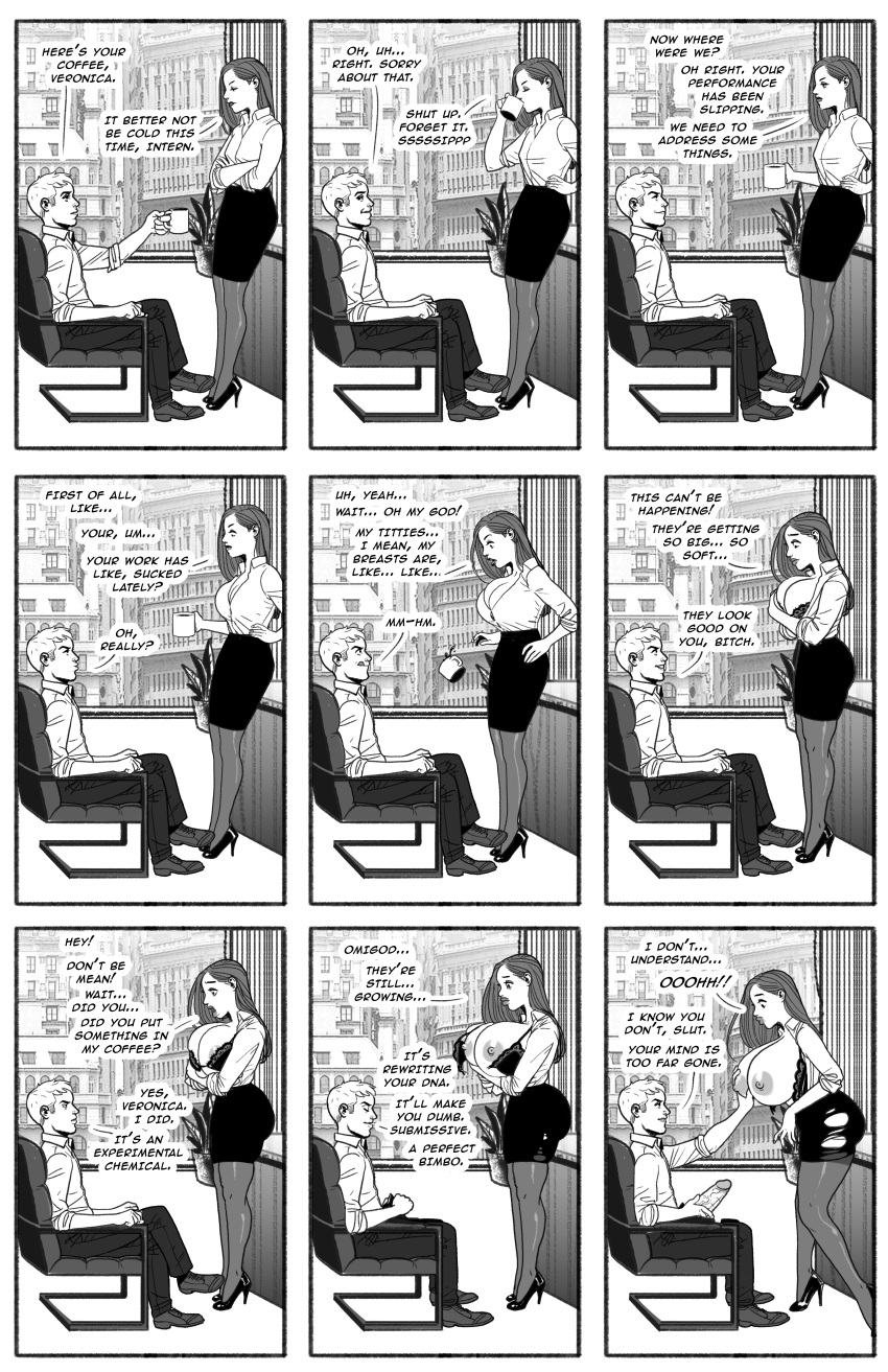 1boy1girl ass_expansion bimbo bimbofication black_and_white brain_drain breast_expansion comic femsub identity_death large_breasts maledom monochrome office_lady pegasus_(artist) transformation