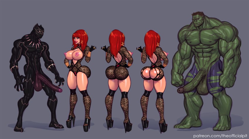 1girls 2boys avengers bimbo black_panther_(marvel) black_panther_(series) black_widow_(marvel) bodybuilder bubble_butt dark-skinned_male dark_skin exaggerated_anatomy female fishnets gigantic_penis green-skinned_male green_skin high_heels huge_ass huge_breasts huge_cock hulk hulk_(series) human large_breasts large_lips light-skinned_female light_skin long_penis male marvel marvel_comics model_sheet muscular natasha_romanoff nipples nudity penis platform_heels ripped_clothing simple_background sketch skimpy smaller_female t'challa taller_male teasing theofficialpit uncensored