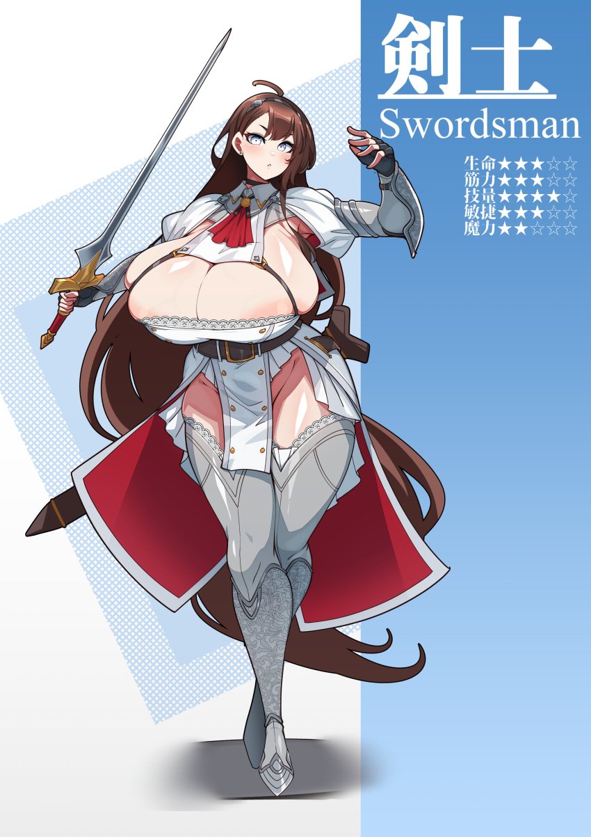 1girls 2024 absurd_res absurdly_long_hair ahoge areola_slip areolae arm_up armor armored_boots armpits belt black_gloves blue_eyes blush boots breasts brown_hair bursting_breasts character_profile choker cleavage cleavage_overflow clothing defeated_warrior_(konoshige) ear_piercing eyebrows_visible_through_hair female female_only fingerless_gloves full_body gigantic_breasts gloves greaves hairband highres holding_sword holding_weapon japanese_text jewelry knight konoshige_(ryuun) long_hair looking_at_viewer original pelvic_curtain piercing rerebrace reverse_cowgirl_position ryuun_(stiil) sheath simple_background skindentation solo standing star stats sword swordsman_(konoshige) teeth text thick_thighs thighhighs thighs tight_clothing translated vambraces very_long_hair warrior weapon