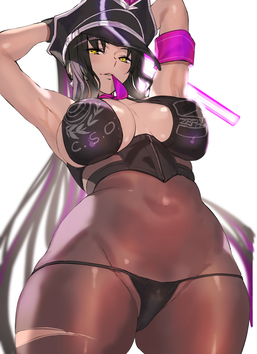 1girls armband armpits arms_above_head arms_up ashiomi_masato big_breasts black_hair blush bodystocking breasts cleavage_cutout fate/grand_order fate_(series) female fingerless_gloves from_below hat highres holding_object light_stick looking_at_viewer looking_down navel necktie necktie_in_mouth peaked_cap pink_hair pinup sesshouin_kiara simple_background solo solo_focus thong torn_bodystocking torn_bodysuit two-tone_hair very_long_hair yellow_eyes