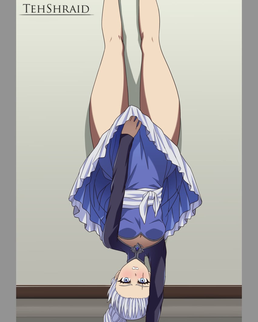 1girls artist_name bare_legs blue_eyes blush blushing_profusely covering_crotch covering_self detailed_background dress dress_tug embarrassed embarrassed_female female female_focus female_only full_color gritting_teeth handstand lycoris_challenge meme mystral_outfit open_mouth rwby scar scene_reference skirt skirt_pull teenager tehshraid upside-down weiss_schnee weiss_schnee_(mystral) white_hair