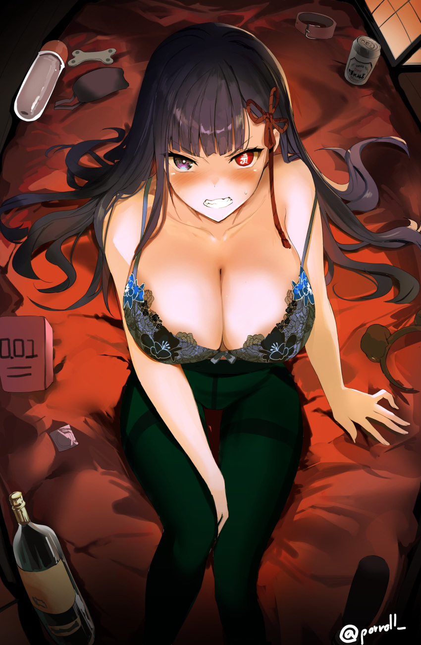 absurdres alcohol angry animal_collar animal_ears bed black_hair black_pantyhose blush bottle bra breasts cleavage clenched_teeth collar collarbone condom condom_wrapper dog_ears fake_animal_ears female heterochromia highres large_breasts long_hair looking_at_viewer mato_seihei_no_slave pantyhose pointy_chin porroll purple_eyes red_eyes sitting symbol-shaped_pupils teeth thighband_pantyhose thighs underwear unworn_collar unworn_headwear yamashiro_ren