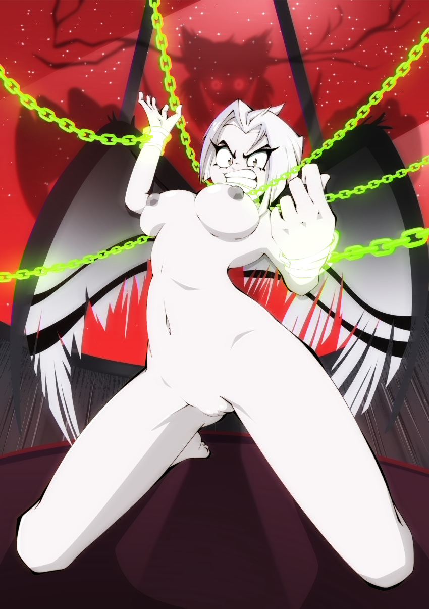 absurd_res angel chains erect_nipples exorcist_(hazbin_hotel) female female_focus female_only hair hazbin_hotel hell hi_res humanoid lute_(hazbin_hotel) navel nipples pale_skin pixelboy red_sky shaved_pussy sky solo white_hair wings yellow_eyes