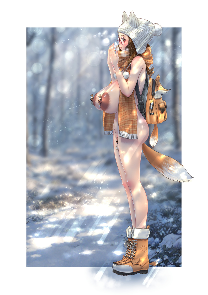 anal bar_censor buttplug buttplug_tail censor_bar censored chichimaro clitoris_piercing fox fox_ears fox_tail glasses huge_breasts huge_clitoris nipple_piercing nude scarf snow