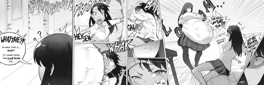 absurd_res accurate_art_style belly big_belly big_breasts black_and_white burp burping comic female female_pred hayase_nagatoro huge_breasts male male_prey monochrome naoto_hachioji_(senpai) please_don't_bully_me,_nagatoro president_(nagatoro) rasha_(artist) sana_sunomiya vore