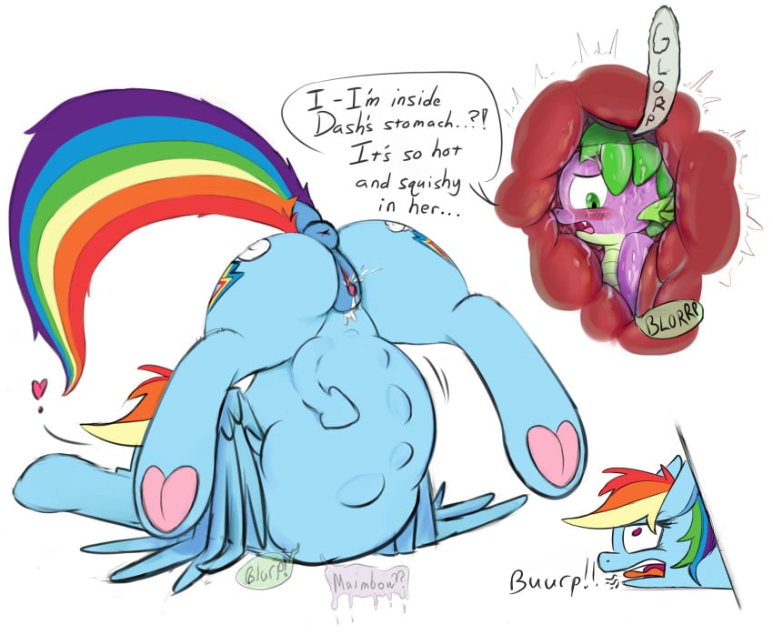 anus ass belly blue_body blue_fur burping dragon english_text equid equine female firenhooves friendship_is_magic hasbro hooves horse male multicolored_hair multicolored_tail my_little_pony pegasus pink_eyes pony pussy rainbow_dash_(mlp) rainbow_hair rainbow_tail spike_(mlp) tail text vore