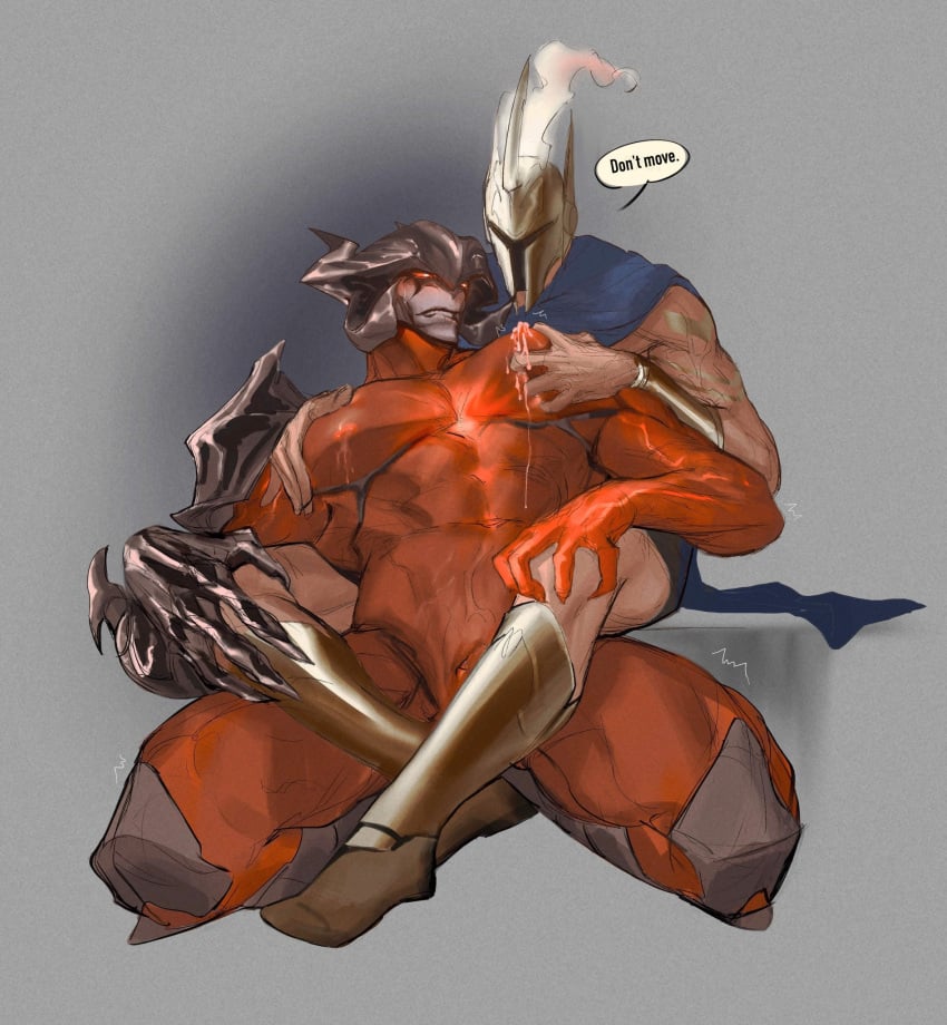 2boys aatrox abs bara brown_hair clothed_male_nude_male colored_skin cuntboy cuntboy_with_male curled_horns demon_boy demon_wings english_text full_body grabbing grabbing_from_behind helmet highres horns intersex interspecies kneeling large_pectorals league_of_legends league_of_legends:_wild_rift leg_lock male male_focus male_lactation male_only monster_boy multiple_boys muscular muscular_male nipples nude pantheon pantheon_(league_of_legends) pectoral_grab pectorals pussy red_skin riot_games speech_bubble thick_thighs thighs wings xkov_(cerberuskeeper)