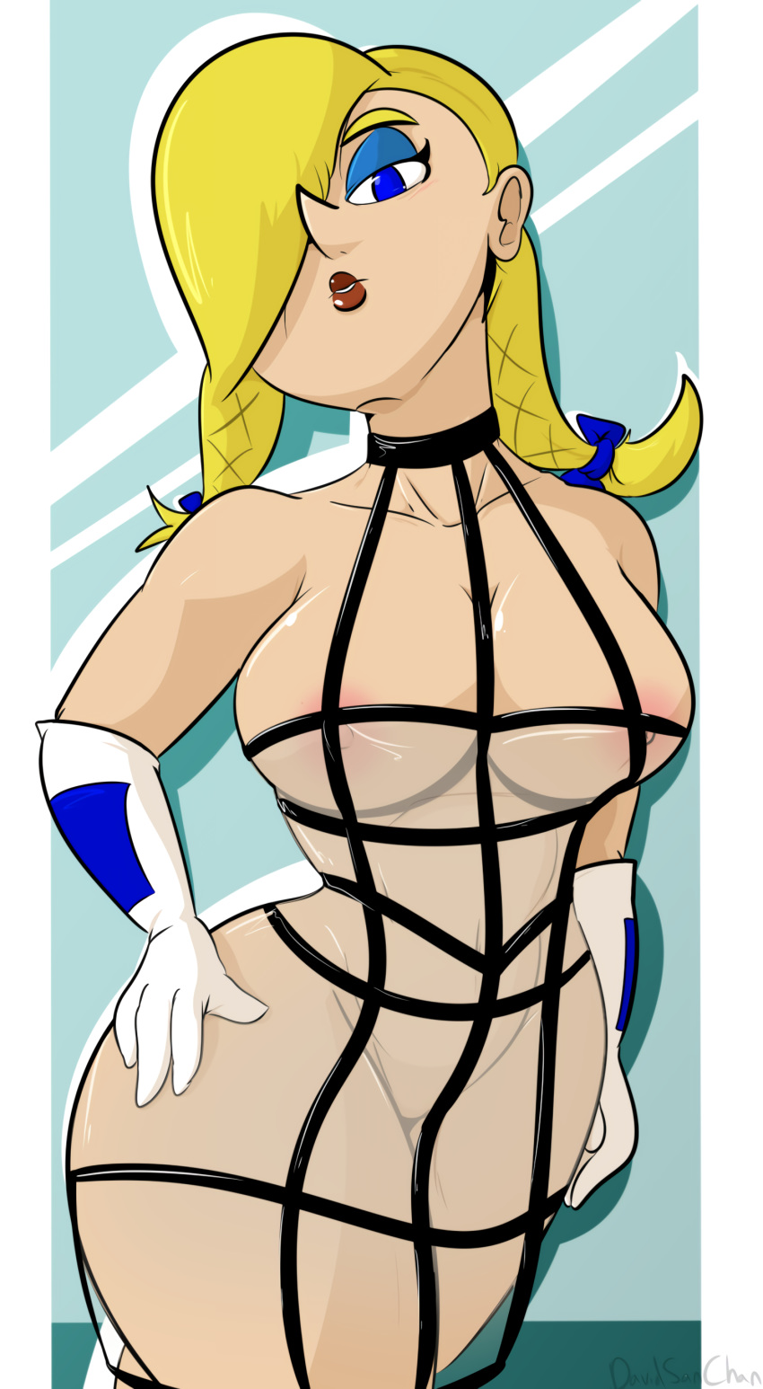 2019 agent_heidi blonde_hair blue_eyes blue_eyeshadow cartoon_network davidsanchan dress evil_con_carne eyeliner eyeshadow female gloves hair_over_one_eye hourglass_figure huge_breasts latex_clothing latex_dress lipstick makeup pigtails red_lipstick solo thick_thighs wide_hips