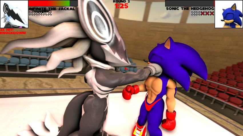 2boys blue_fur blue_hair boxing boxing_ring closed_eyes grey_fur hedgehog infinite_(sonic) kabalmystic life_bar male male_only mask punch punching sega shoes sonic_(series) sonic_the_hedgehog spiked_collar sunboye sunboye_(artist) tagme tail thong white_hair