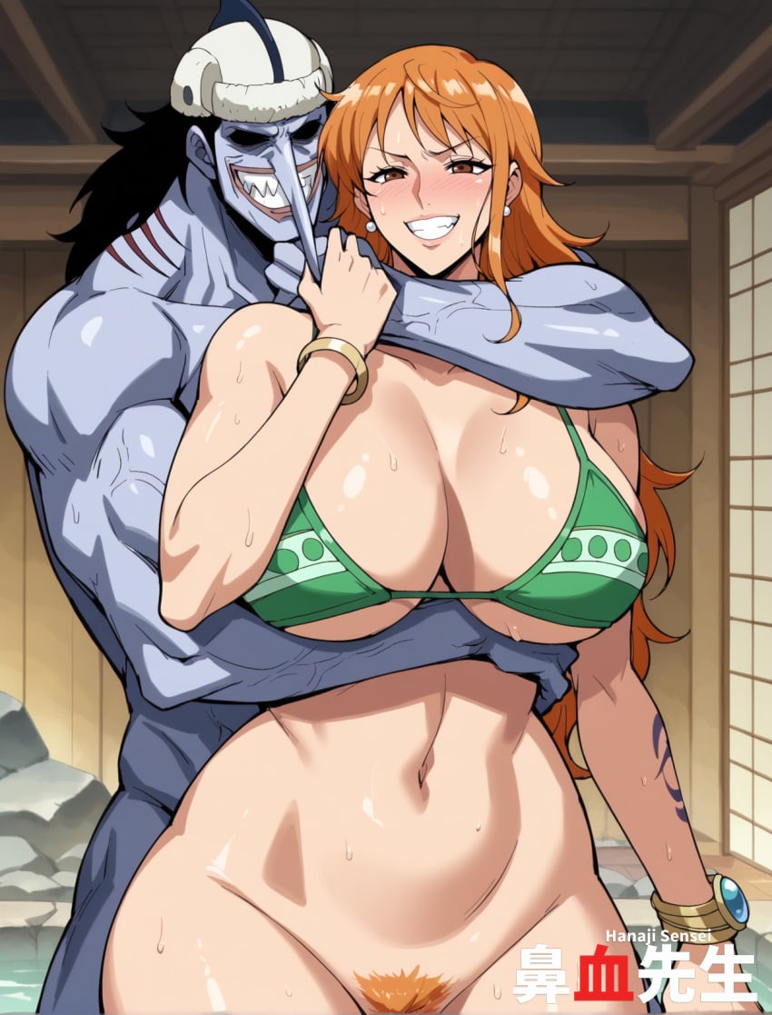 1boy 1girls ai_generated arlong bikini breasts female fish fish_man hanajisensei long_hair male nami nami_(one_piece) one_piece onsen orange_hair pirate pubic_hair purple_skin slender_waist strangling 鼻血先生