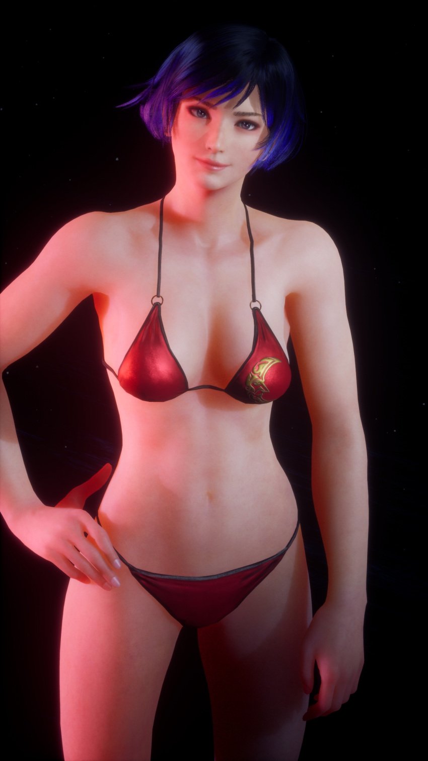 1girls 3d asian_female ass azucena_milagros_ortiz_castillo_(cosplay) bikini black_and_purple_hair breasts female female_only mod namco navel outdoors partially_clothed reina_mishima screencap solo tekken tekken_8 underwear