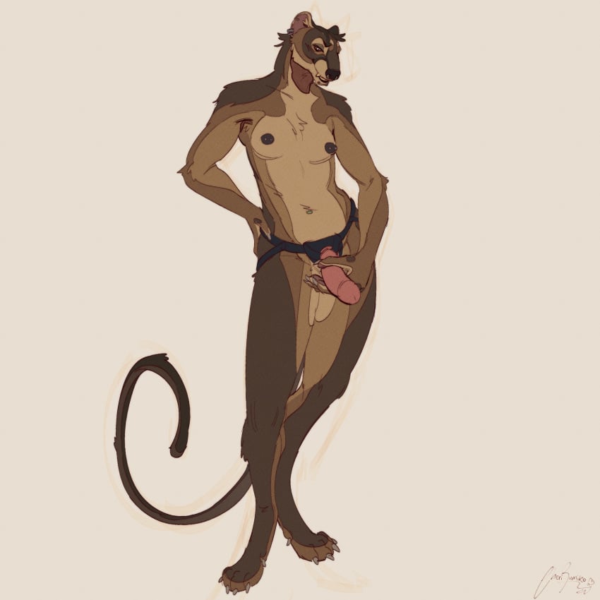 <3_eyes 1:1 absurd_res anthro breasts cherirumiko digitigrade dildo ear_piercing euplerid facial_piercing female fossa hand_on_hip heart hi_res holding_strap-on looking_at_viewer mammal navel navel_piercing nipple_piercing nipples nose_piercing piercing sex_toy smile solo standing strap-on tail