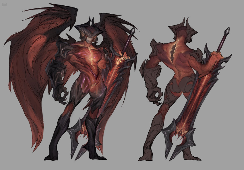 1boy aatrox aatrussy bara black_skin colored_skin cuntboy darkin darkin_(league_of_legends) demon demon_boy demon_wings full_body glowing glowing_eyes grey_background helmet highres intersex league_of_legends league_of_legends:_wild_rift male male_focus multiple_views muscular muscular_male pussy red_eyes red_skin riot_games shiny_skin standing sword weapon wings xkov_(cerberuskeeper)