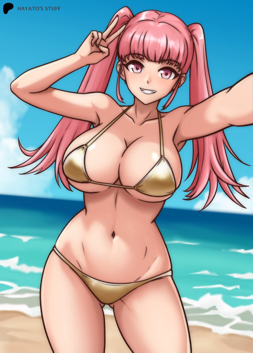 1girls 2024 alternate_costume ass_visible_through_thighs beach bikini blue_sky blunt_bangs breasts cleavage cloud clouds day daytime female female_only fire_emblem fire_emblem:_three_houses gold_bikini gold_swimsuit hayato_stuff highres hilda_valentine_goneril large_breasts long_hair looking_at_viewer midriff navel nintendo ocean outdoors peace_sign pink_eyes pink_hair sand shiny_breasts shiny_skin smile solo summer swimsuit thighs twin_braids twintails v yellow_bikini yellow_swimsuit