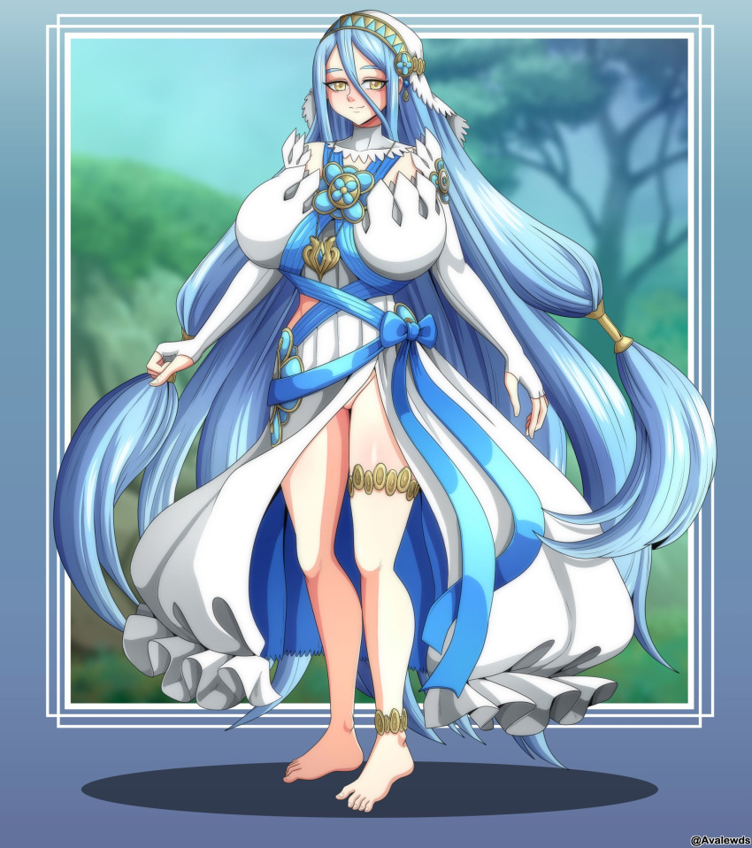 1girls absurdly_long_hair avalewds azura_(fire_emblem) bare_legs barefoot blue_hair breasts dress elbow_gloves female female_only fingerless_gloves fire_emblem fire_emblem_fates full_body gloves hair_between_eyes huge_breasts legs light_blue_hair long_hair looking_at_viewer nintendo no_panties outdoors pussy smile solo standing tree very_long_hair yellow_eyes