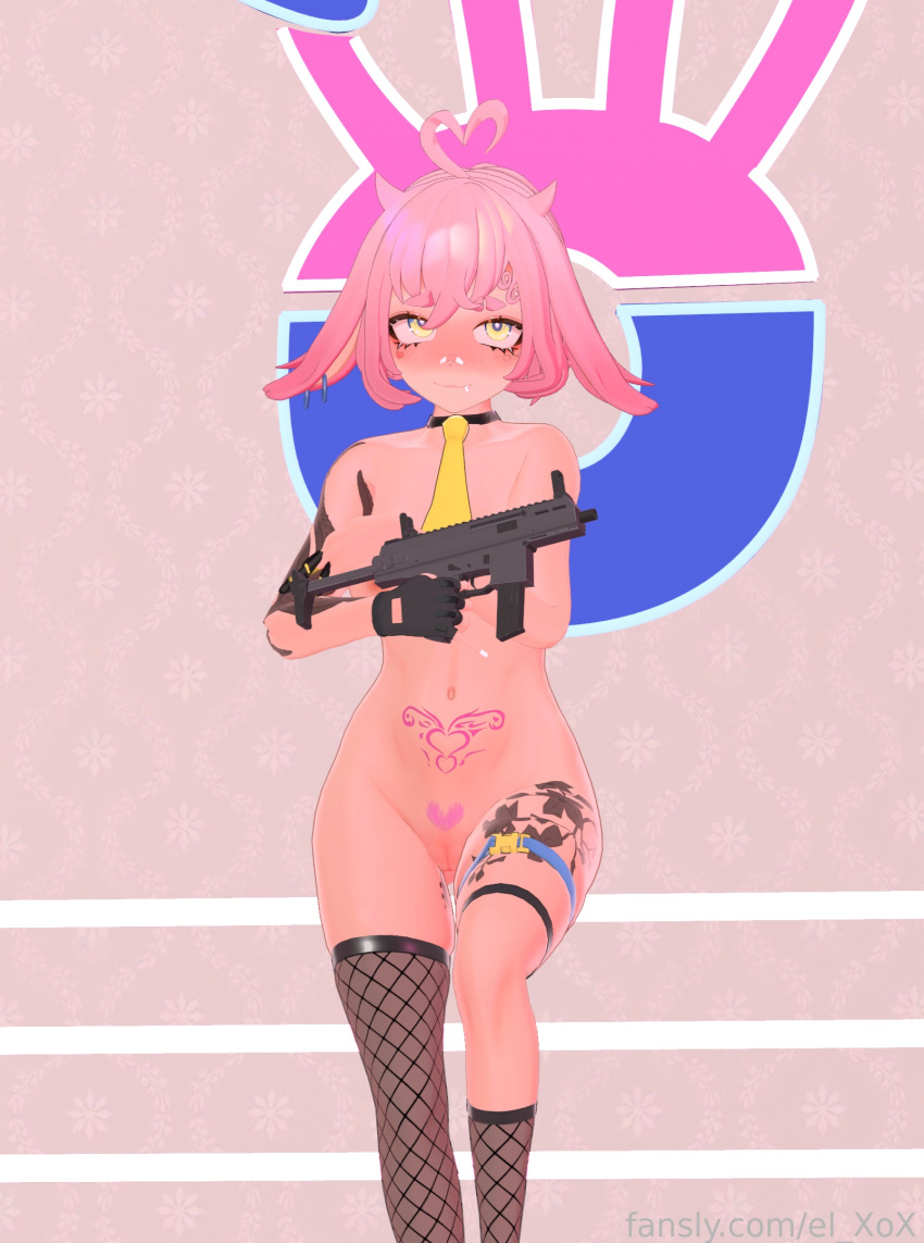 3d 3d_(artwork) breasts casual el_xox female firearm gun handgun human pale_skin pubic_hair pubic_tattoo pussy tagme tattoo thigh_gap uncensored virtual_youtuber weapon