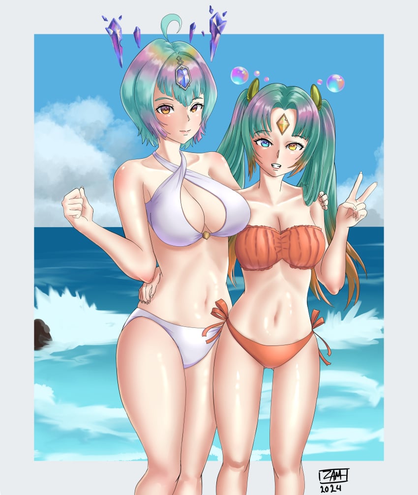 2girls alternate_costume arm_around_shoulders arm_around_waist armpits ass_visible_through_thighs bare_arms bare_legs bare_shoulders bikini blue_eyes blue_hair breasts cleavage collarbone female female_only fire_emblem fire_emblem_heroes green_hair grin heidr_(fire_emblem) large_breasts legs long_hair looking_at_viewer medium_breasts multicolored_hair multiple_girls nintendo ocean orange_bikini orange_eyes orange_swimsuit outdoors pink_hair seidr_(fire_emblem) short_hair shoulders smile standing swimsuit twintails v white_bikini white_swimsuit yellow_eyes zamtranger