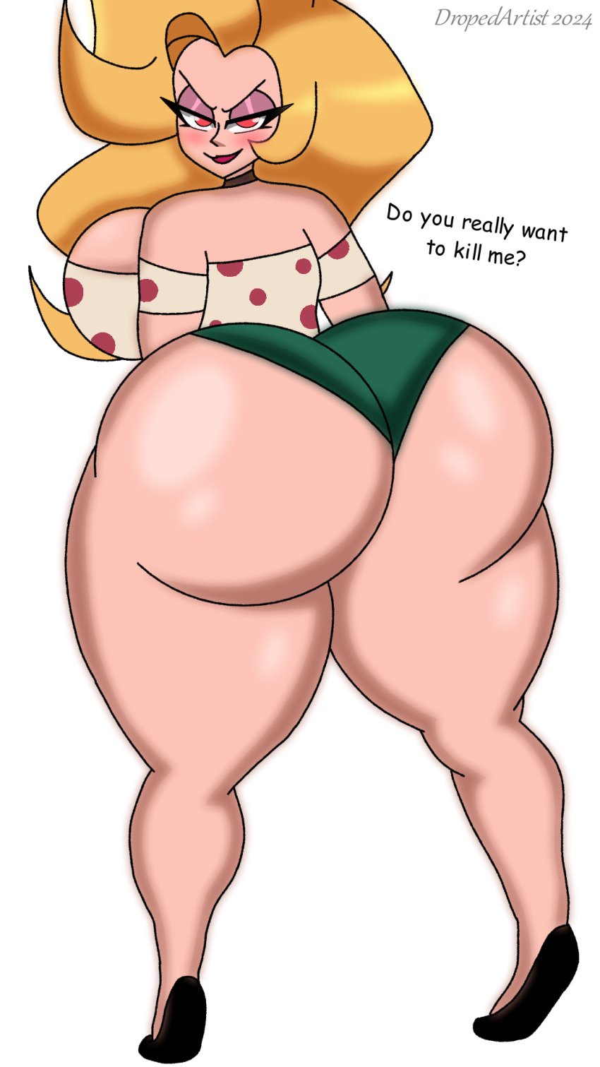 ass ass ass_bigger_than_breasts ass_bigger_than_head ass_bigger_than_torso big_ass big_breasts big_butt breasts breasts clothed dropedartist enormous_ass enormous_butt female female_human female_only helluva_boss huge_ass huge_butt legs looking_at_viewer martha_(helluva_boss) red_eyes smile smiling talking_to_viewer text yellow_hair