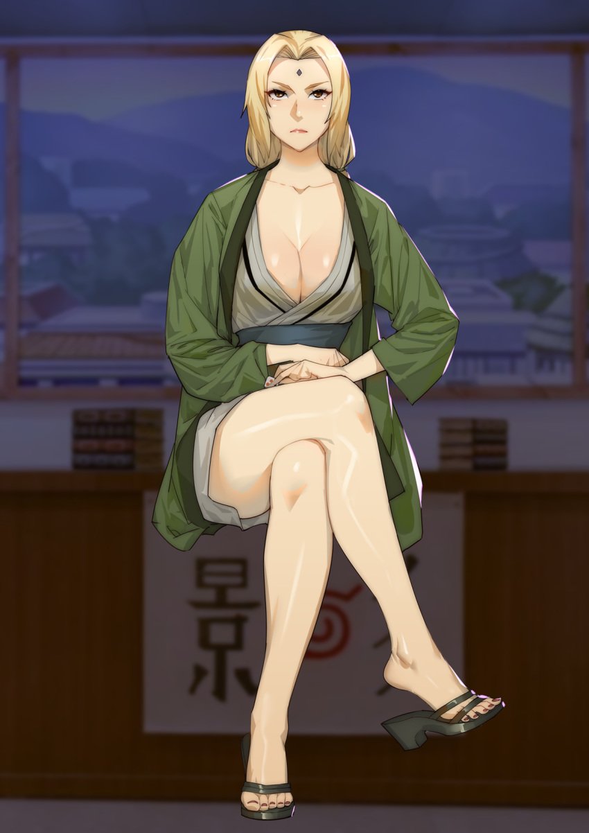 1girls big_breasts blonde_hair bottomless breasts brown_eyes chunlieater cleavage clothed_female crossed_legs desk dice facial_mark feet female female_only forehead_mark haori heels holding_object kimono large_breasts lipstick looking_at_viewer makeup nail_polish naruto naruto_(series) naruto_shippuden office on_desk red_nails serious short_kimono single_girl sitting tied_hair toes tsunade twintails