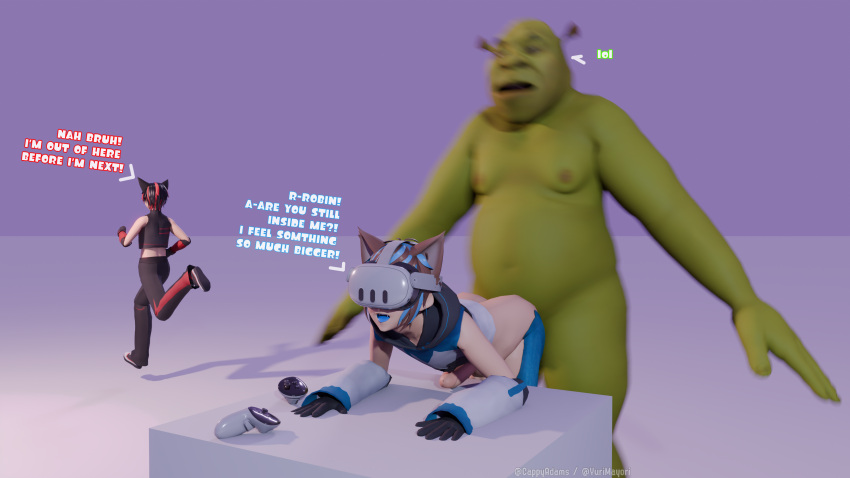 3boys 3d arnas_atakiyo_(cappyadams) blender blender_(software) blender_cycles cappyadams_(artist) dreamworks english_text male male_only oculus_(brand) oculus_quest_3 penis robin_akiyama_(cappyadams) self_upload shitpost shrek shrek_(series) simple_background t-pose text vr_headset