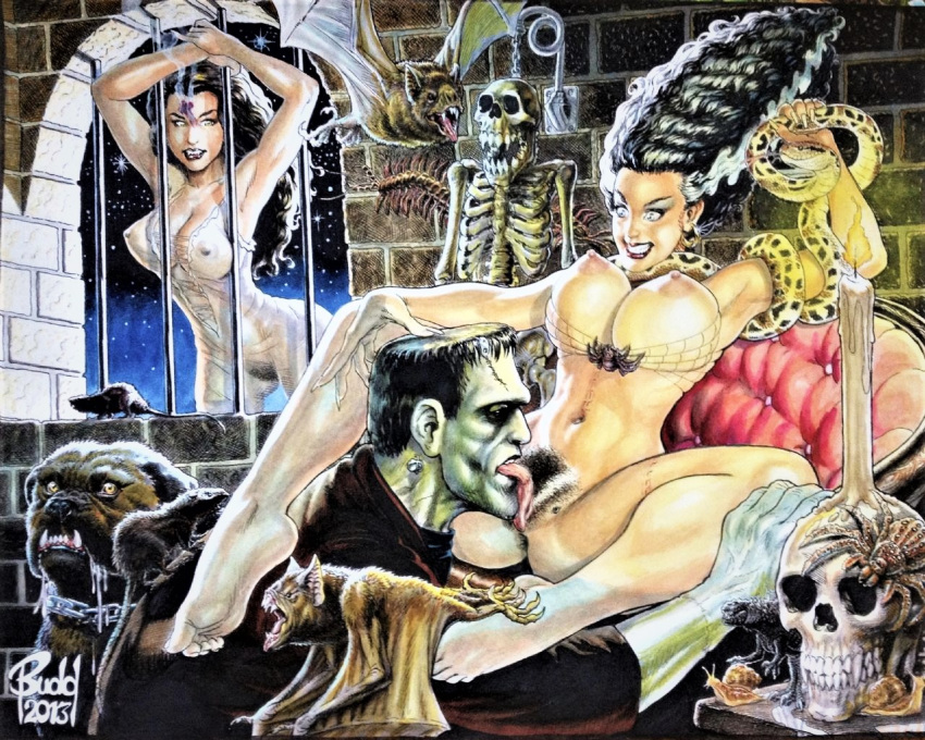 2013 big_breasts breasts bride_of_frankenstein budd_root busty candle colored cunnilingus frankenstein frankenstein's_monster halloween married_couple nipple_bulge nipples nipples_visible_through_clothing pussy tagme traditional_media_(artwork) transparent_clothing vampire voyeur watching