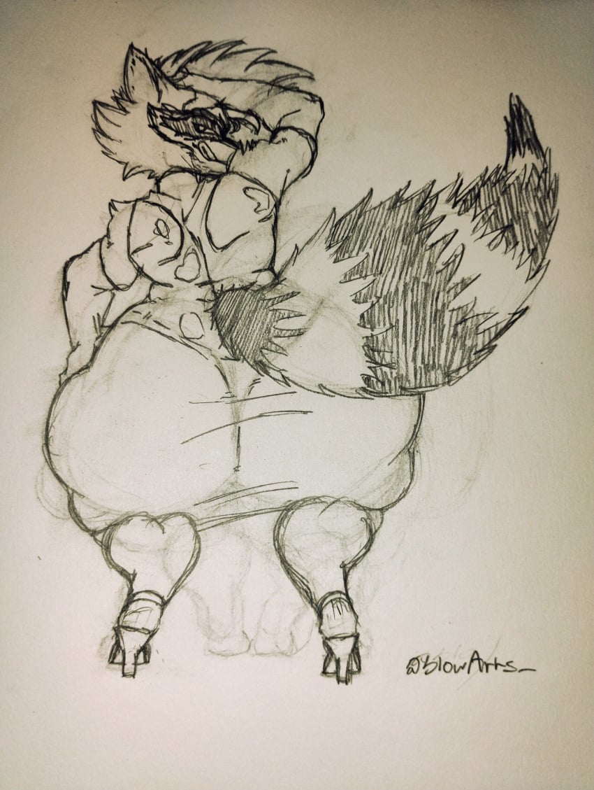 1boy 1male anthro ass big_ass big_butt big_calves dress femboy furry furry_only guardians_of_the_galaxy hand_on_hip high_heels huge_ass huge_bulge licking_lips male_only marvel marvel_comics raccoon rocket_raccoon signature slowarts squatting tagme traditional_media_(artwork)