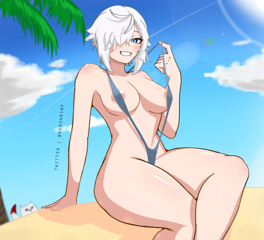 1girls artist_signature beach blue_eyes blush blush blushing_at_viewer breasts breasts cloud clouds collarbone color colored colored_background eyes fanart female female female_focus female_only functionally_nude functionally_nude_female hair hair_over_one_eye hand_on_ground large_boobs large_breasts lifting_clothing looking_at_viewer lunari_donna nipples nipples_visible_through_clothing palm_leaf palm_tree renshrimp sideways sitting sitting_on_ground sky sling_bikini sling_swimsuit slingshot_swimsuit smile smiling smiling_at_viewer solo solo_female solo_focus swimsuit swimsuit_pull thick_thighs thighs virtual_youtuber vtuber weasel white_hair