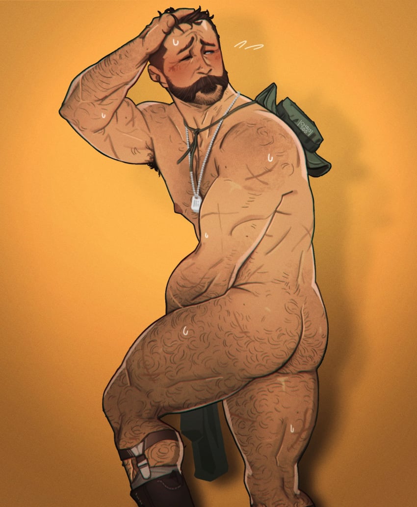 1boy 1male 1man armpit_hair beard blush boonie_hat brown_hair call_of_duty call_of_duty_modern_warfare_2_(2022) chrissdd covering_crotch dilf dog_tags hairy_arms hairy_male hat john_price looking_away_from_viewer male_only mostly_nude muscular_male nipples one_eye_closed scars scars_all_over short_hair sock_garters socks thick_thighs