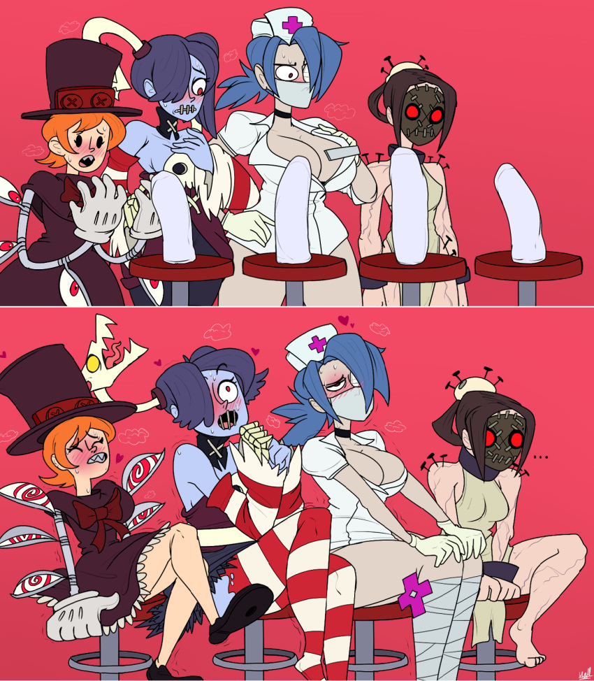 4girls before_and_after blue_hair blush brown_hair dildo dildo_sitting dress female female_only hair_over_one_eye hellonearthiii leviathan_(skullgirls) looking_pleasured mask masked_female masturbation multiple_girls orange_hair painwheel peacock_(skullgirls) purple_hair skullgirls squigly stool tagme valentine_(skullgirls)