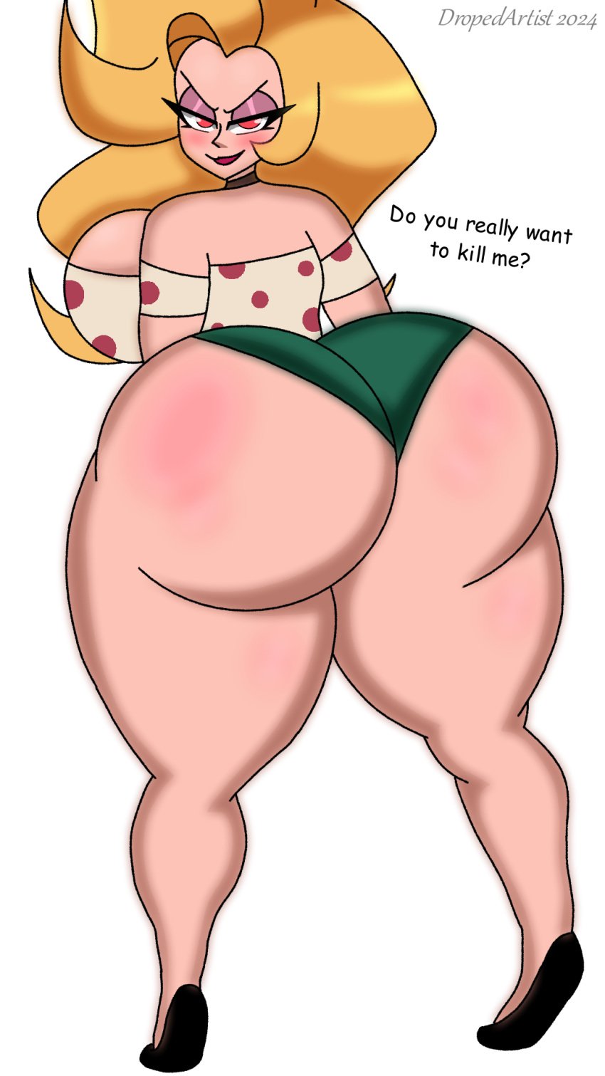 ass ass ass_bigger_than_breasts ass_bigger_than_head ass_bigger_than_torso big_ass big_breasts big_butt breasts breasts clothed dropedartist enormous_ass enormous_butt female female_human female_only helluva_boss huge_ass huge_butt legs looking_at_viewer martha_(helluva_boss) red_eyes smile smiling talking_to_viewer text yellow_hair