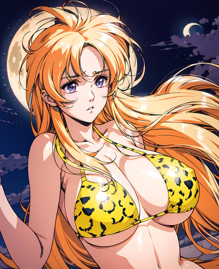 1girls ai_generated big_breasts bikini female female_only jaguar_print long_hair maria_(milkywayarts) milkywayarts moon moonlight night orange_hair original original_character pixai purple_eyes