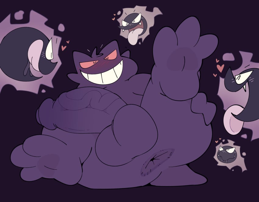 ambiguous_gender anus ass balls birdvian blush gastly generation_1_pokemon gengar genitals group heart hi_res humanoid male nintendo nude open_mouth open_smile penis pokemon pokemon_(species) purple_body smile tongue tongue_out