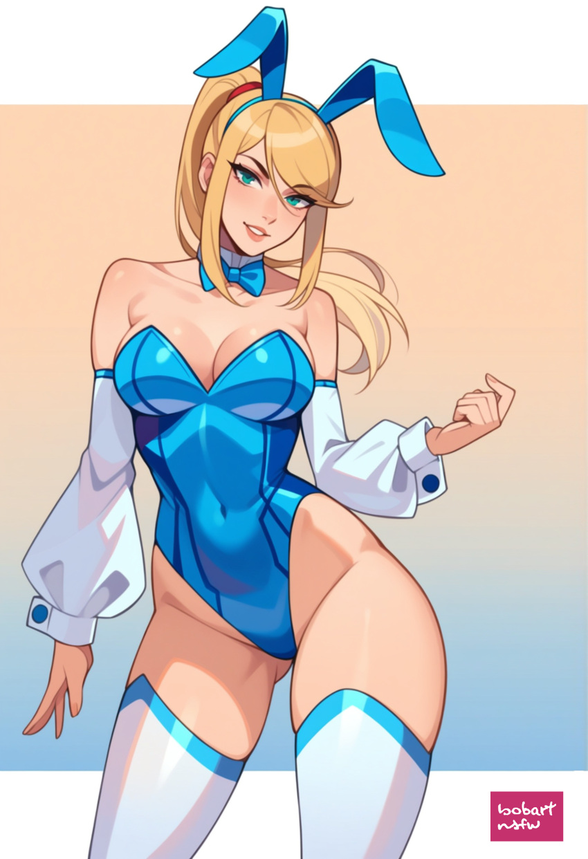 1girls ai_generated ass_visible_through_thighs bangs bare_shoulders blonde_hair blue_eyes blue_leotard bobartnsfw bowtie bowtie_collar breasts bunny_ears bunny_girl bunnysuit cleavage cuffs_(clothing) eyebrows_visible_through_hair female female_only fully_clothed large_breasts leotard looking_at_viewer metroid nintendo playboy_bunny ponytail revealing_clothes samus_aran shiny_clothes simple_background sleeves smile solo solo_female solo_focus stable_diffusion stockings teeth teeth_showing thick_thighs thighhighs thighs tight_clothing watermark white_border white_legwear white_sleeves wide_sleeves