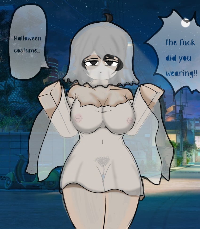 bedsheet_ghost big_breasts big_thighs black_eyes black_hair dialogue dialogue_box dialogue_bubble exhibitionism exhibitionist ghost_costume nude nude_female pussy pussy_hair roblox roblox_avatar robloxian see-through see-through_clothing tagme transparent_clothing typo white_skin