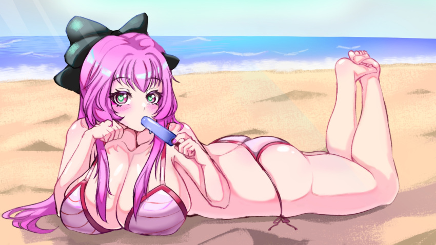 1girls beach big_breasts bikini blush cleavage condesavr day female female_focus female_only full_body heart-shaped_pupils holding_ice_cream holding_object horny_wary ice_cream indie_virtual_youtuber latam_virtual_youtuber light-skinned_female light_skin long_hair looking_at_viewer lying ocean pink_eyes pink_hair ribbon ribbon_in_hair summer swimsuit virtual_youtuber vjin voluptuous voluptuous_female vtuber vtuberfanart