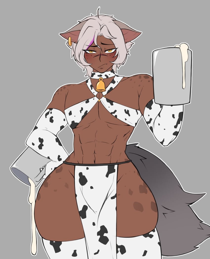 1boy cow_boy cow_ears cow_print cum_in_container cyber_lazu dark-skinned_femboy dark-skinned_male dark_skin drinking_cum ear_piercing femboy male penis profesuhslab virtual_youtuber vtuber