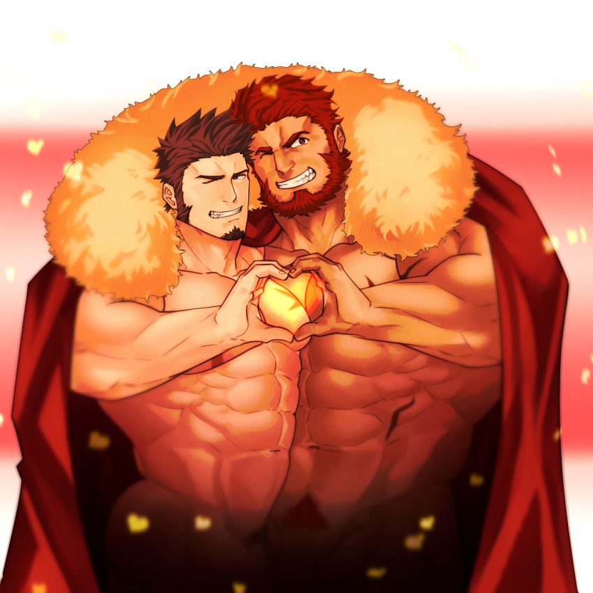 2boys abs absurdres bara beard blue_eyes brown_hair cape couple cowboy_shot facial_hair fate/grand_order fate_(series) full_beard gay goatee grin heart heart_background heart_hands heart_hands_duo highres iskandar_(fate) large_pectorals loboke long_sideburns looking_at_viewer male_focus male_only mature_male multiple_boys muscular muscular_male naked_cape napoleon_bonaparte_(fate) navel nipples no_visible_genitalia pectorals penis penis_peek red_cape shared_cape shared_clothes short_hair sideburns smile standing stomach strongman_waist thick_beard thick_eyebrows two-tone_background valentine yaoi