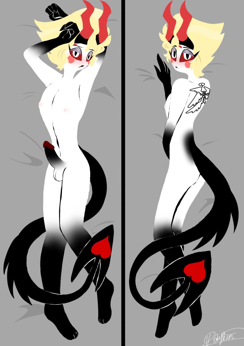 body_pillow demon fallen_angel feminine_male gay hazbin_hotel horns lucifer_morningstar_(hazbin_hotel) tail tattoo wing_tattoo