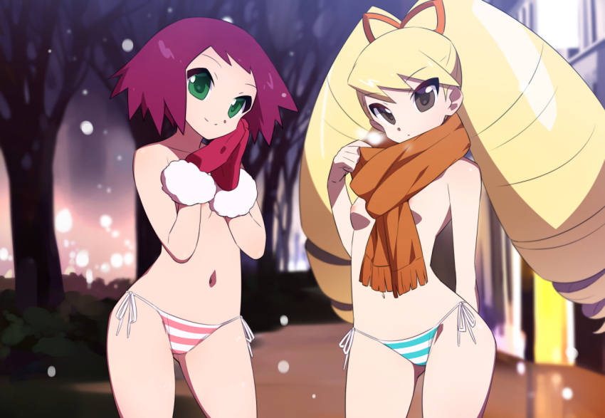 2girls blue_panties breasts brown_eyes dress gloves green_eyes kaidou_zx long_hair looking_at_viewer luna_platz mega_man mega_man_star_force multiple_girls navel nipples no_bra own_hands_clasped own_hands_together panties pink_panties red_gloves red_hair scarf short_hair shorts side-tie_panties small_breasts sonia_strumm topless twintails underwear white_panties young