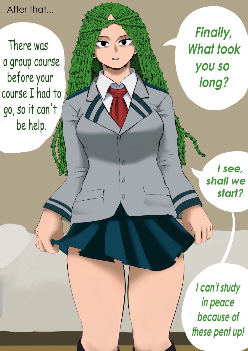 1boy 1girls amano44 bed bedroom big_thighs boku_no_hero_academia dialogue female green_hair ibara_shiozaki imminent_sex izuku_midoriya light_skin looking_at_viewer male midoriya_izuku my_hero_academia pent_up plant_hair requested_sex school_uniform sex_request shiozaki_ibara skirt u.a._school_uniform vine_hair