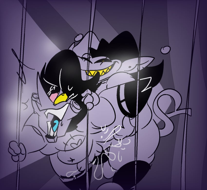 bars cum cum_in_ass deltarune garter_straps gay_sex heavy_breathing imp jevil_(deltarune) puppet spamton_g_spamton spread_legs stockings wet_pussy yaoi