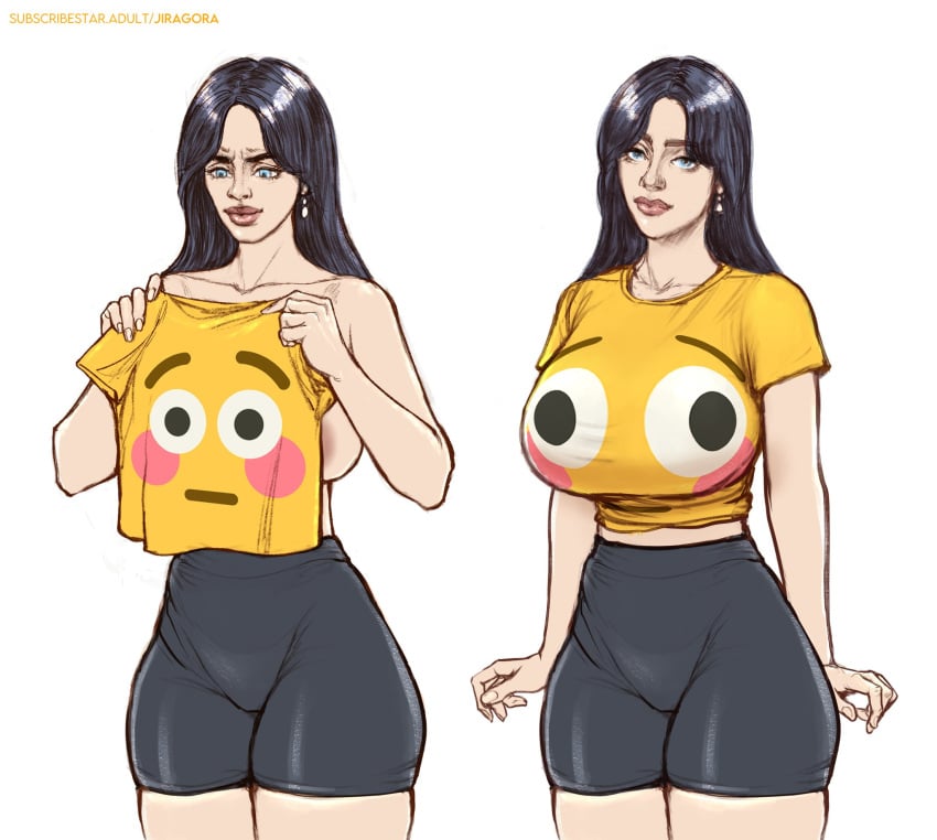 big_breasts bike_shorts billie_eilish black_hair blue_eyes blushing_emoji bursting_breasts celebrity huge_breasts jiragora meme ready_to_burst real_person spandex_shorts stretching_shirt tight_clothing