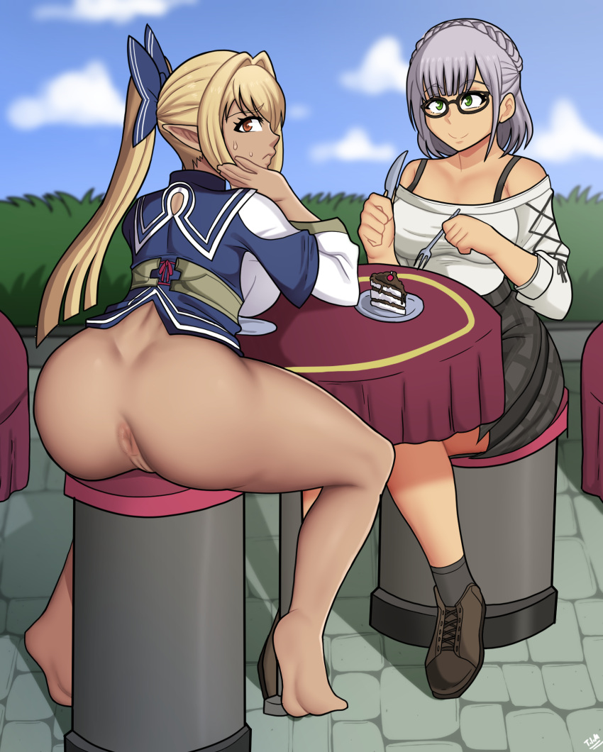 2girls anus ass ass_focus blonde_hair bottomless cafe cake dark-skinned_female dark_skin date elf elf_ears elf_girl exhibitionism hololive hololive_fantasy hololive_japan multiple_girls nervous no_shoes oblivious public public_nudity shiranui_flare shirogane_noel silver_hair theironmountain virtual_youtuber youtube youtuber