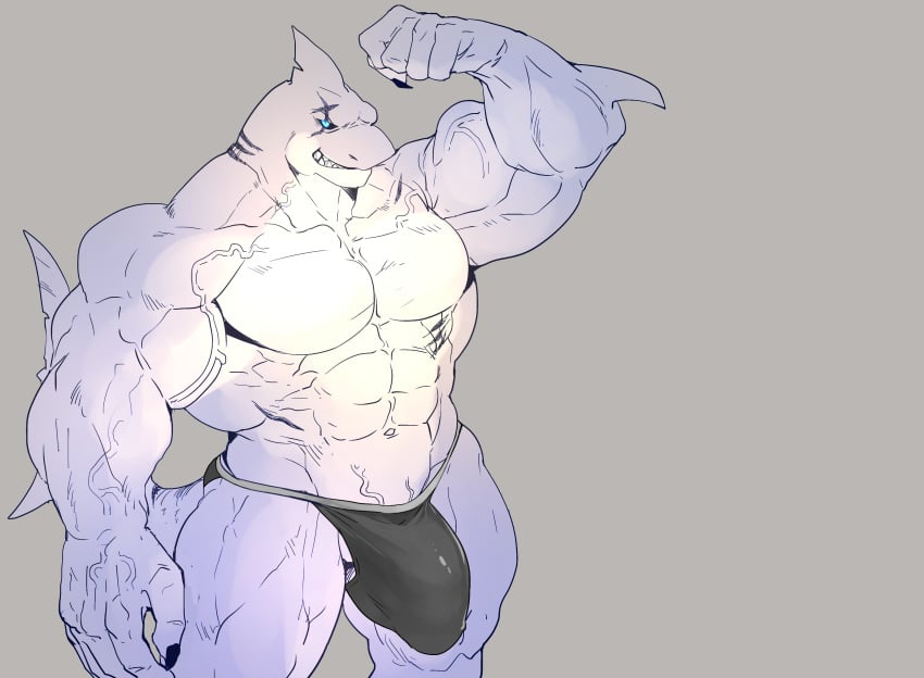 2020 5_fingers absurd_res anthro big_bulge big_muscles black_sclera bulge claws clothed clothing fingers fish flexing grin hi_res huge_bulge huge_muscles humanoid_hands looking_at_viewer lyga male male_only marine muscular muscular_anthro muscular_male restricted_palette rybiok scar shark simple_background smile solo speedo standing swimwear topless veiny_muscles