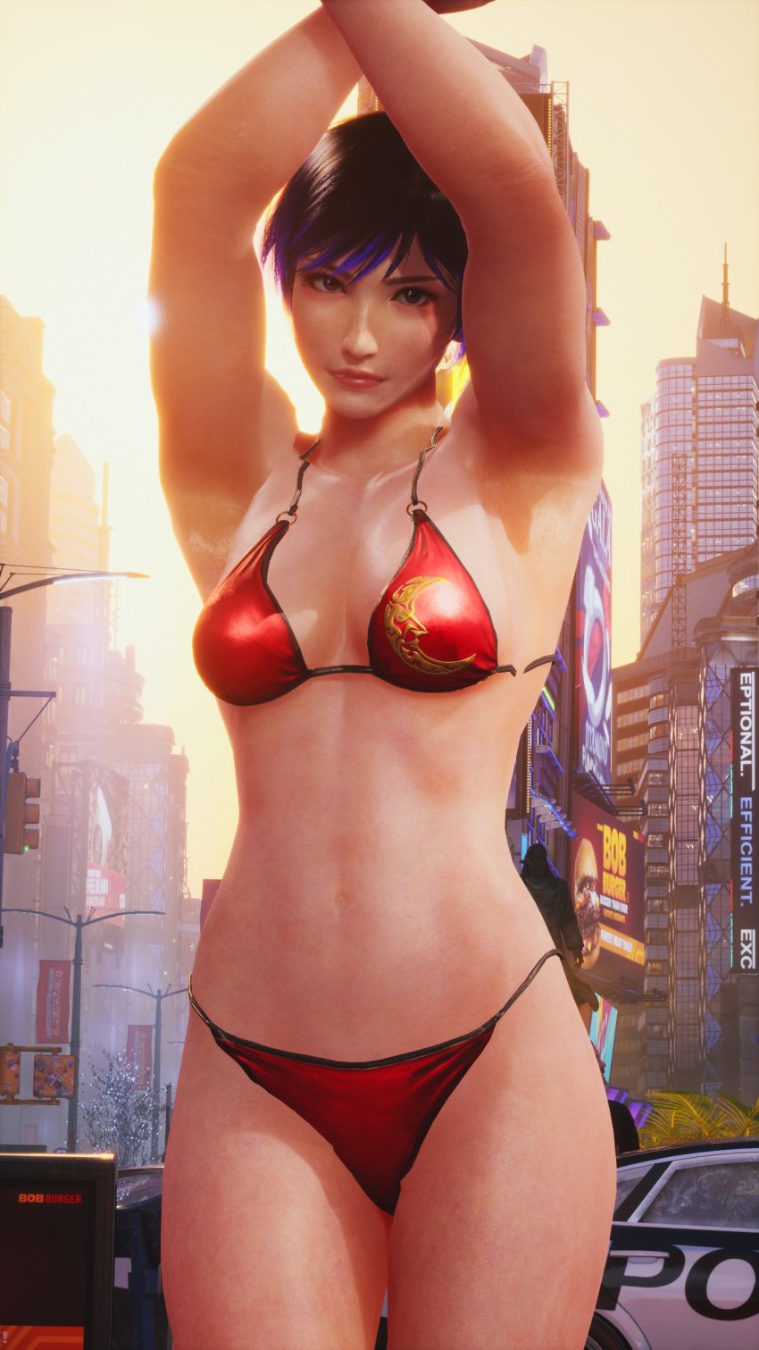 1girls 3d asian_female ass azucena_milagros_ortiz_castillo_(cosplay) bikini black_and_purple_hair breasts female female_only mod namco navel outdoors partially_clothed reina_mishima screencap solo tekken tekken_8 underwear