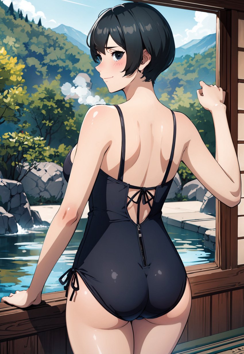 1girls ai_generated alex-schura arm_support ass bare_back bare_shoulders bare_thighs bathhouse big_ass big_breasts black_eyes black_hair blush boruto:_naruto_next_generations breasts embarrassed female female_only from_behind hot_spring indoors kurotsuchi legs_together light-skinned_female light_skin looking_at_viewer looking_back looking_back_at_viewer mature mature_female nai_diffusion naruto naruto_(series) one-piece_swimsuit onsen paipan pale-skinned_female pale_skin petite pool round_ass short_hair solo solo_focus stable_diffusion swimsuit thighs white_skin