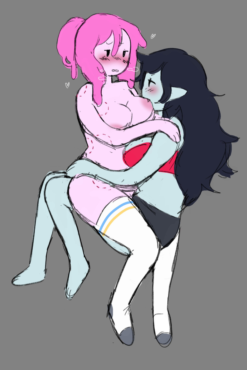 2023 2girls absurd_res adventure_time areola aroused bite bite_mark bite_mark_on_breast bite_mark_on_chest bite_mark_on_leg bite_mark_on_shoulder bite_mark_on_thigh biting_breast black_hair blush bra breasts breath_cloud candy_hair canon_couple cartoon_network clothed clothing digital_drawing_(artwork) digital_media_(artwork) duo embrace female female/female grey_background hair hand_on_butt heart hi_res humanoid legwear living_gum long_hair looking_pleasured marceline_abadeer multiple_girls on_lap peach_pubby princess_bubblegum simple_background sitting_on_another sitting_on_lap thigh_highs topless topless_female topless_humanoid underwear vampire yuri